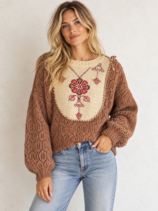 Unbranded | vintage Sweaters - Vintage Crochet Hand knit Two Tone Floral Sweater Top M